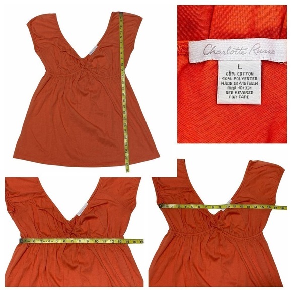 CHARLOTTE Russe Burnt Orange Short Puff Sleeve V-Neck Peasant Blouse Large - Picture 11 of 11